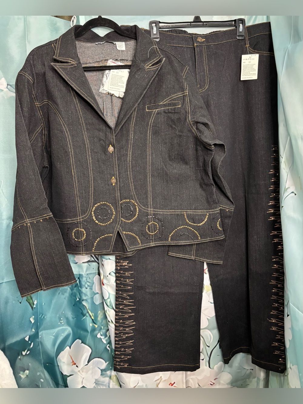 NWT Vintage Molato Black Denim 2 Piece Pant Set Gold Stitch 3X Deadstock